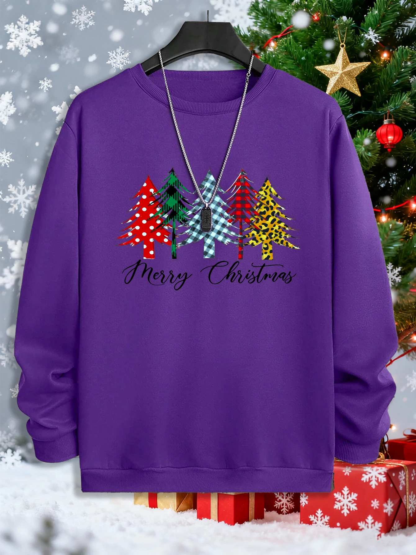 

5, красивый пуловер с принтом рождественских елок, мужская осенняя свободная футболка, повседневная флисовая одежда, универсальная одежда с круглым вырезом, унисекс, ретро, с длинным рукавом