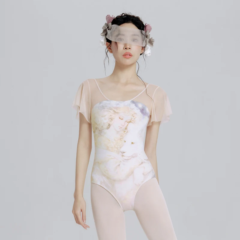 Women Ballet Leotards Printed Dance Leotard Adult Sleeveless Camisole Mesh Splicing Gymnastics Bodysuit