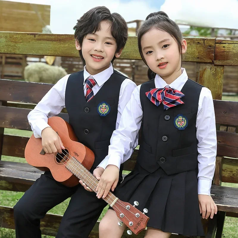 Kid Korean Japanese School Uniform for Boy Girl White Shirt Navy Skirt Pants Waistcoat Vest Tie Clothes Set Student Outfit Suit