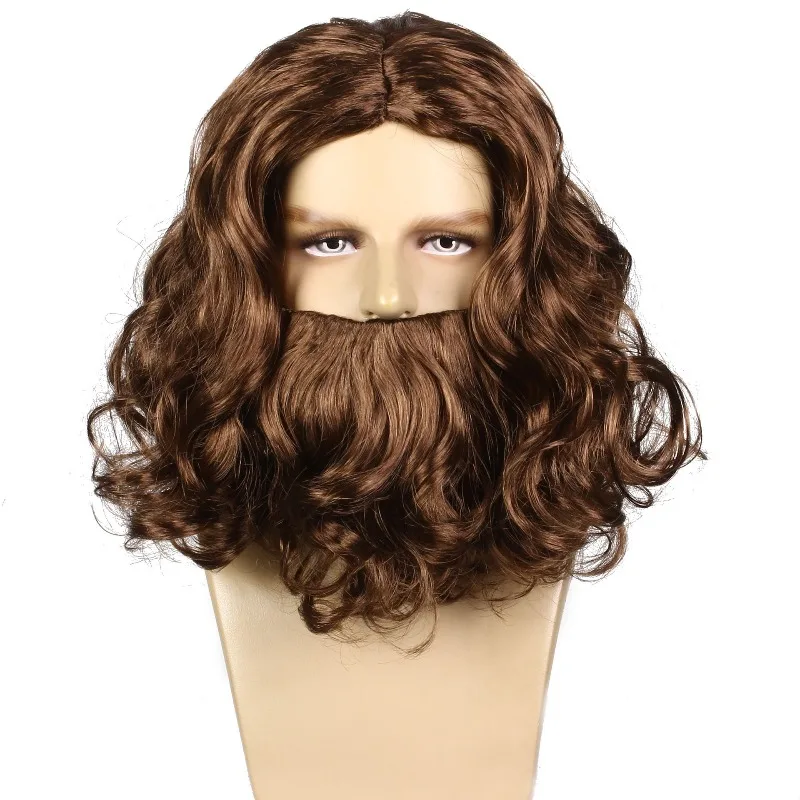 Perruque longue bouclée blonde brune pour hommes avec barbe pour cosplay, cheveux synthétiques résistants à la chaleur pour costume de super-héros, fête d'Halloween,