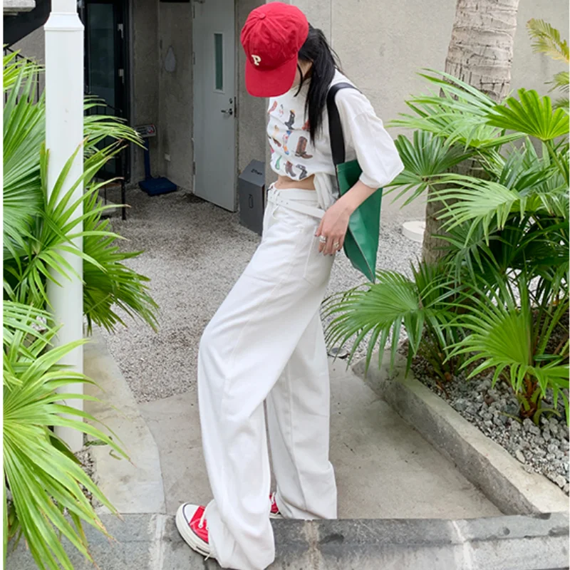 Women White Jeans Solid High Waist Y2K American Street Wide Leg Pants Fashion Hip Hop Vintage Female Straight Summer Trousers