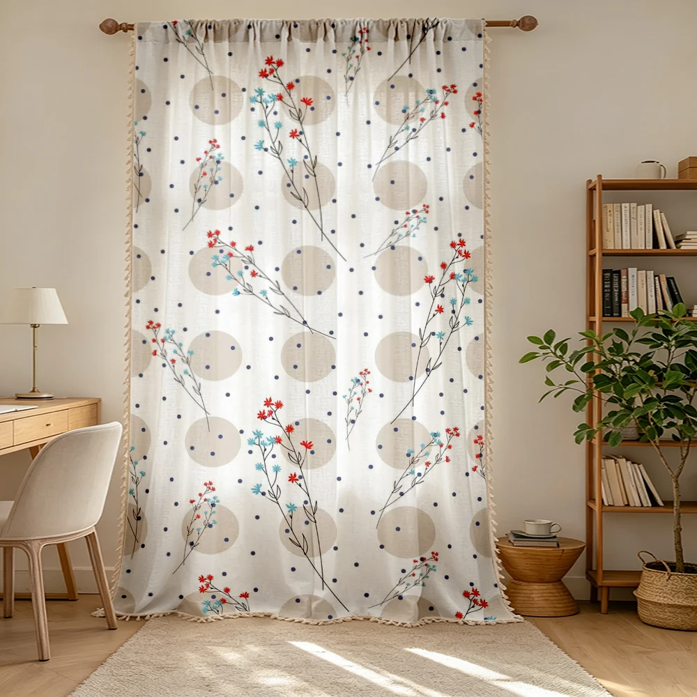 1PC Floral Tassel Sheer Curtains, Red Blue Flower Polka Dot, Digital Print, Linen Polyester, Bedroom Living Room, Home Decor