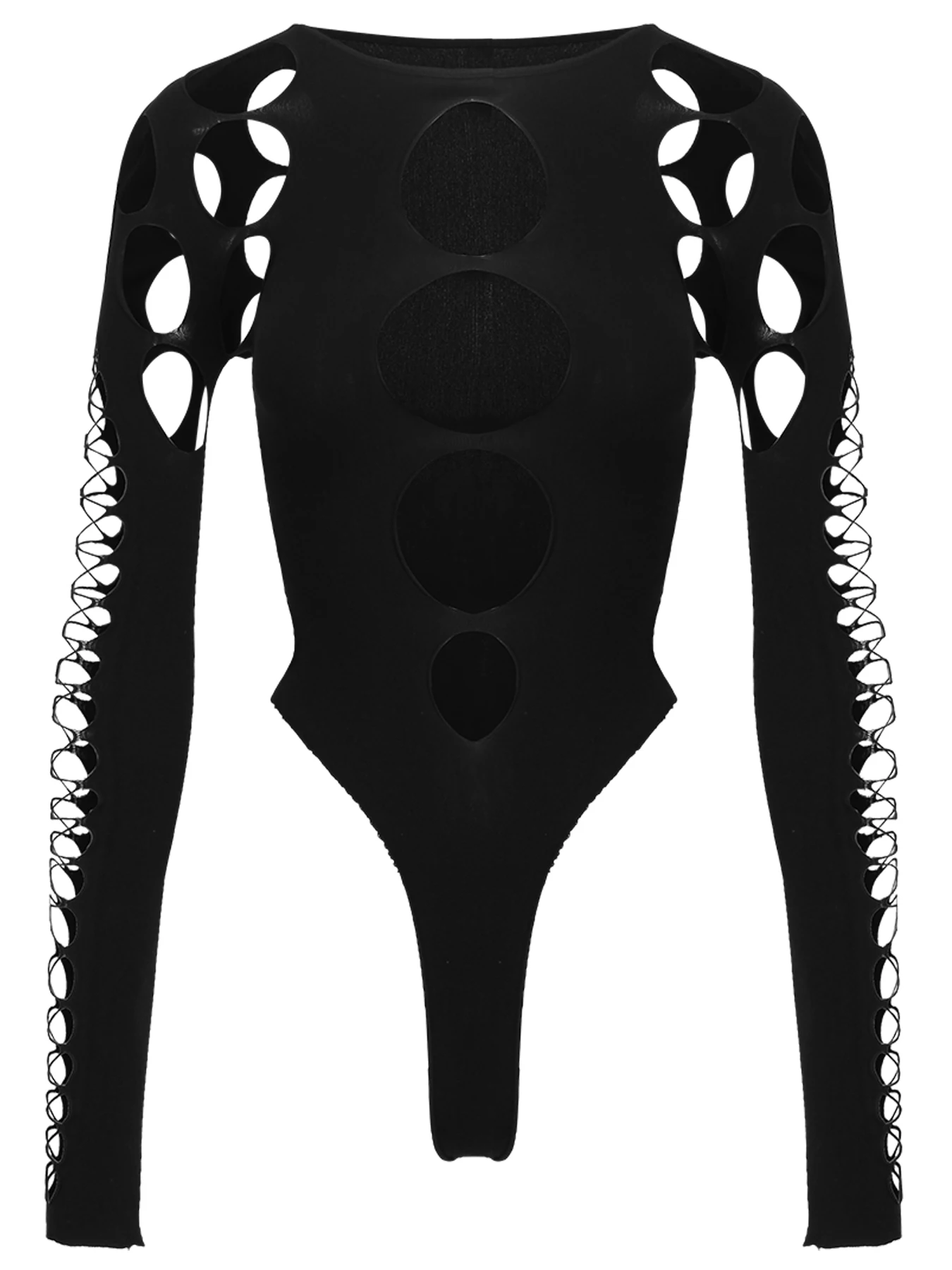 

VAQUA Women's Sexy Cut Out Long Sleeve Bodysuit, Snap Crotch,Solid Round Neck Bodysuit, Rave Outfit One Piece Black