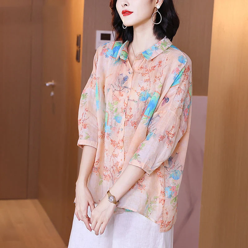 Elegant Vintage Print Oversize Cotton Linen Button Up Shirts Women Summer Fashion Casual Simple Ladies Tops Blouses Clothes 2023