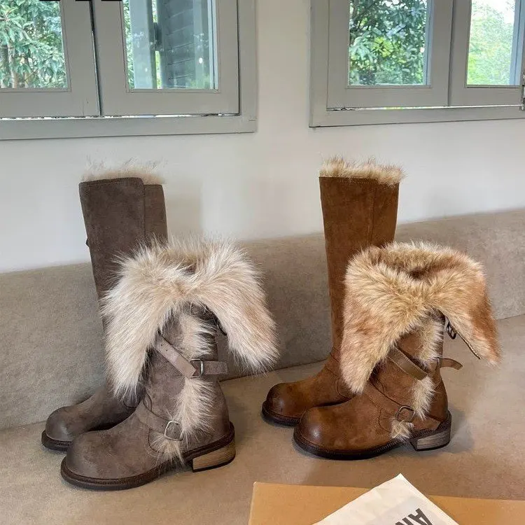 أحذية الثلوج النسائية 2025 ، أحذية الشتاء الفراء موضة منتصف العجل فو السيدات الأحذية الجلد المدبوغ الدافئة الصلبة منتصف العجل Bootie 5269