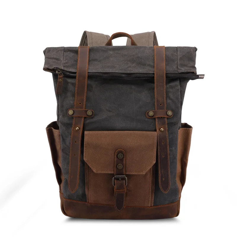 Genuine Waterproof Travel Bag Men's Leather Oil Wax Double Shoulder Canvas Backpack Vintage Trendy  School Bags For Teenagers