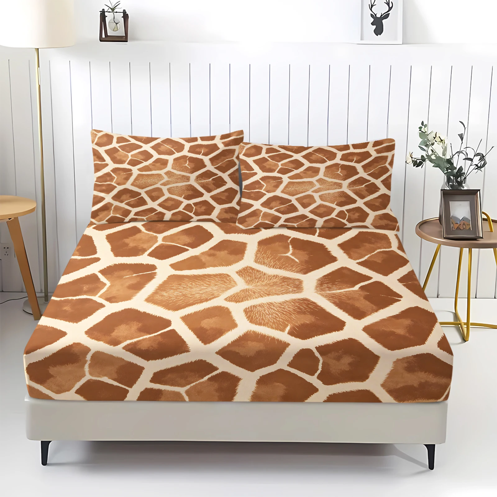 Giraffe Print Fitted Sheet Set Elastic Deep Pocket Bed Sheet with Pillowcases Animal Skin Pattern Mattress Cover Bedding Linens
