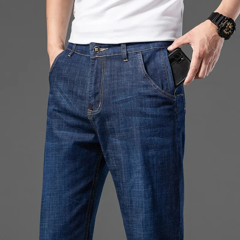 Pantalones vaqueros clásicos antirrobo para hombre, Jeans finos con diseño de bolsillo y cremallera, rectos y relajados, de marca, verano, 2024