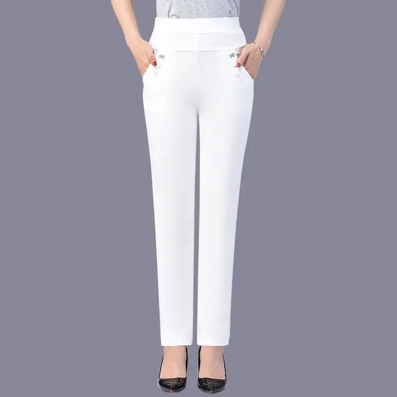 

Korean Fashion Spring Summer New Women Pants Straight Bucket Small Foot Pencil High Waist Solid Button Casual Loose Trousers