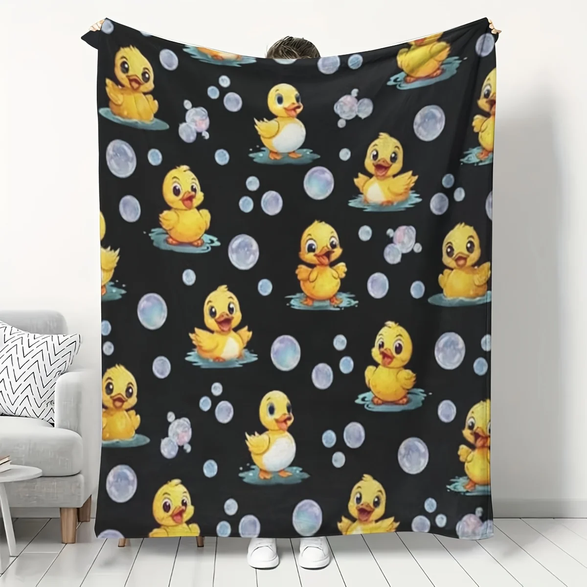 Yellow Duck Bubble Cartoon Pattern Flannel Throw Blanket, Cozy Soft Warm Blanket for Bed Couch Travel Birthday Holiday Gift