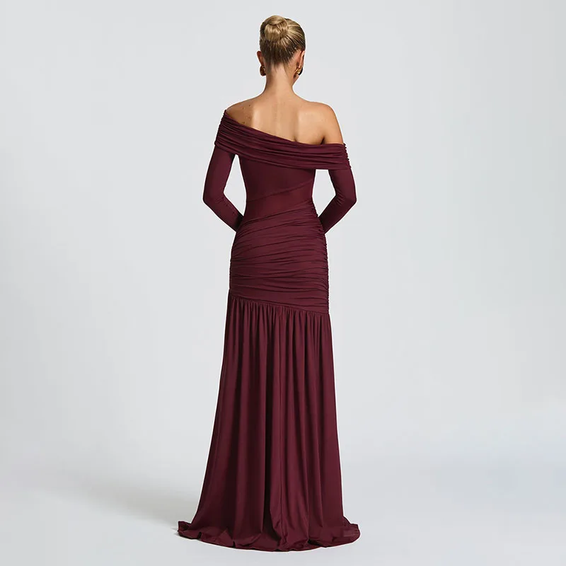 ZHIO Neues Kleid mit schrägem Kragen und langen Ärmeln, sexy schulterfreies Maxikleid mit seitlichem Schlitz, elegantes rückenfreies enges langes Clubkleid für Damen – Detail 4