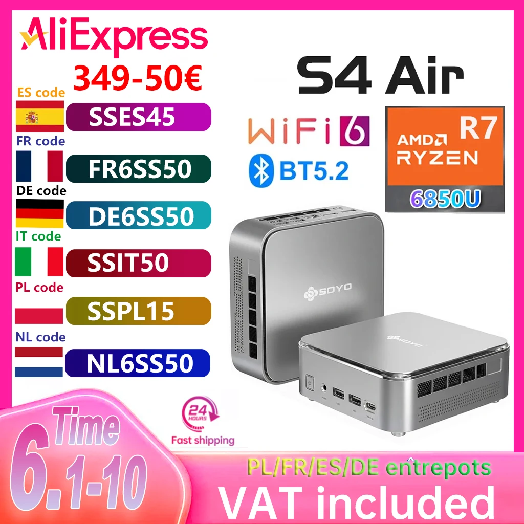 Mini PC SOYO S4 Air AMD R7-6850U 8C/16T NUCBOX 16G DDR5 4800MHz 512GB NVME3.0SSD Windows 11 Pro AMD Radeon ™   Ordinateur de bureau 680M