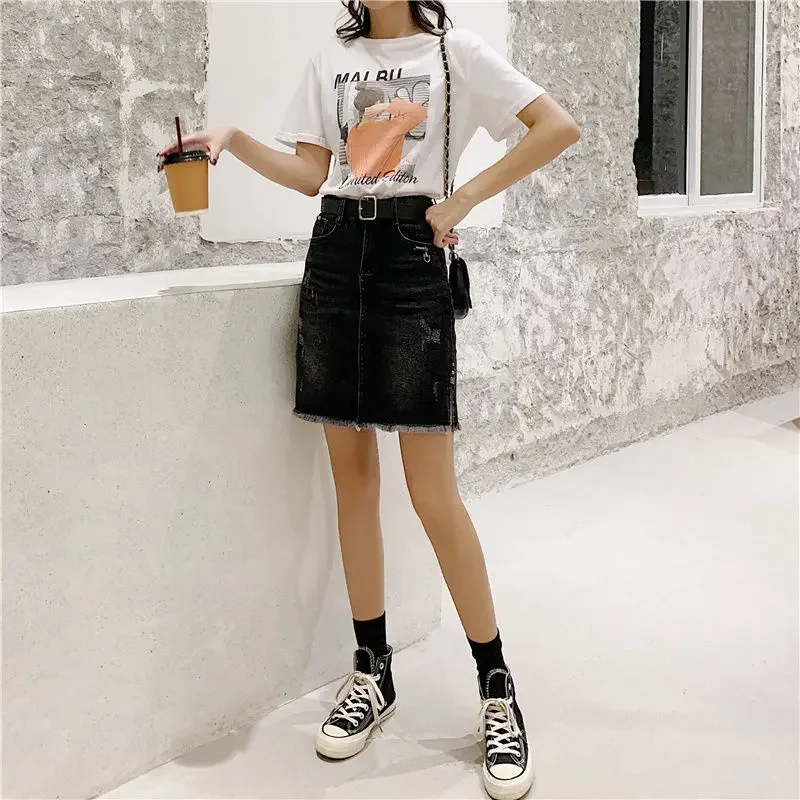 

Midi Women's Denim Skirt Female Jeans Skirts High Waist With Pocket Chubby Ripped Aesthetic Chic And Elegant Offer Premium