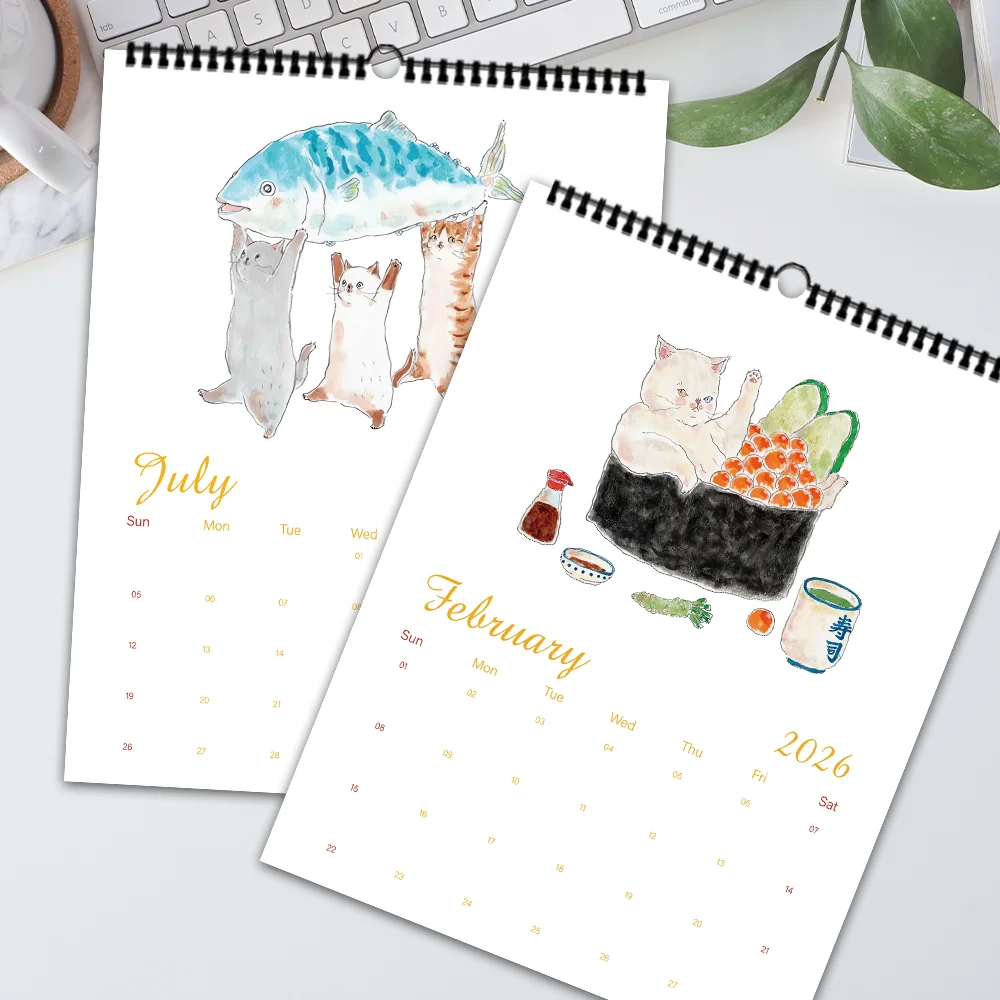 

1 шт. настенный календарь на 2026 год, милый японский дизайн кота, суши-кошки, ежемесячный план на 12 месяцев, идеальный подарок на дни рождения и праздники