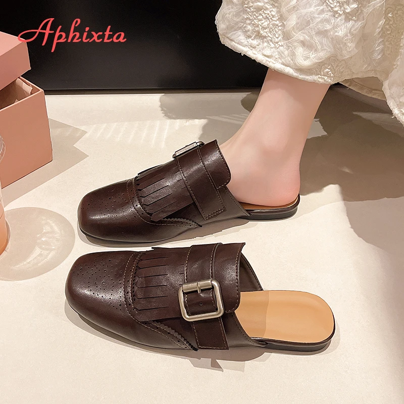 Aphixta Women's Mules Metal Buckle Decoration Fringe Women Fashion Shoes Slippers for Woman Sales on Shoes Brand Sandals Luxury