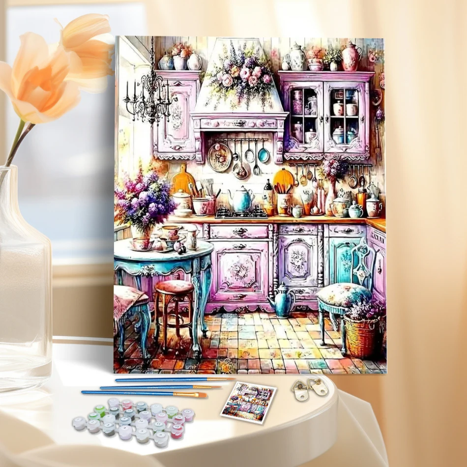 CHENISTORY Acrylic Paint By Numbers Cottage Kitchen Unique Gift Coloring By Numbers Handmade Craft Kits On Canvas Hom