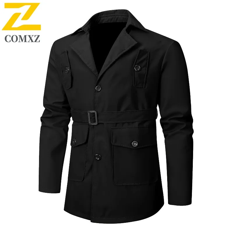 

COMXZ Youth Men Trendy Casual All-Match Loose Longline Lapel Trench Coat Cape outdoor multi-pocket lightweight windbreaker 2025