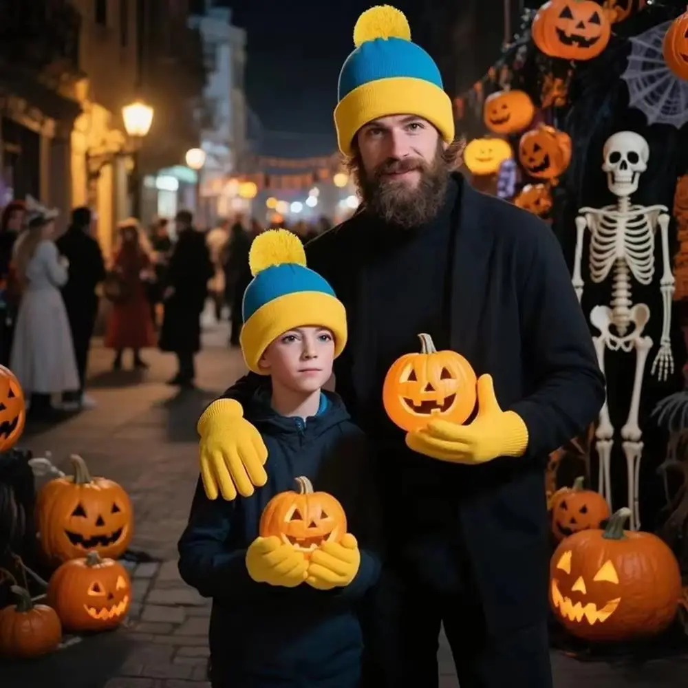Świąteczny Halloweenowy Futrzany Zestaw Czapka Beanie z Pomponem i Rękawiczki Zimowy Ciepły Strój Cosplay na Imprezę Dzianinowa Czapka Nowy Rok Święta Rodzinne Czapki typu Skullcap