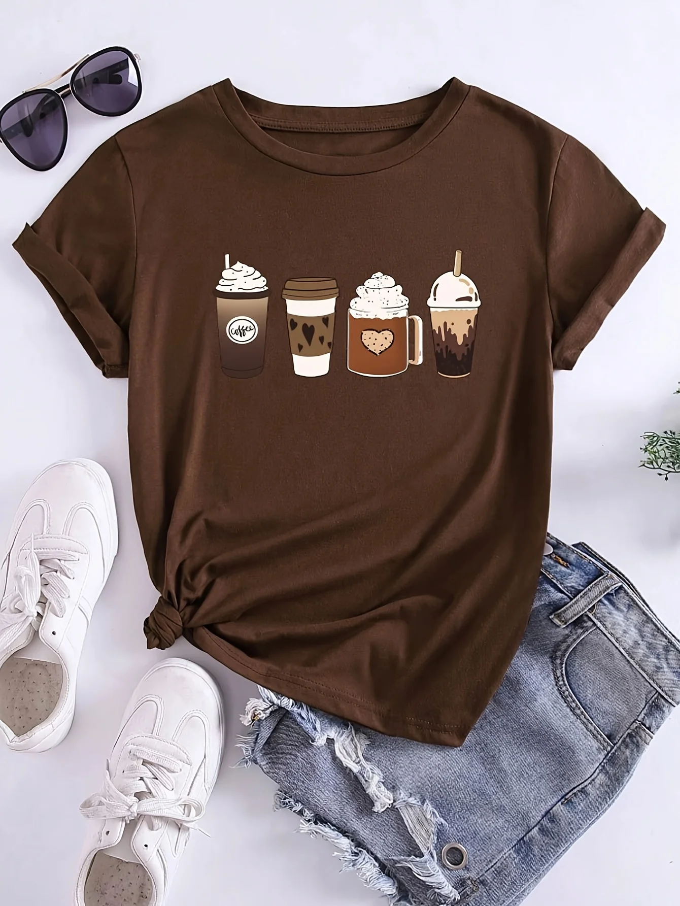 Coffee Lover Graphic Women's Tee - Cute Coffee Cups Print, Casual Brown Top