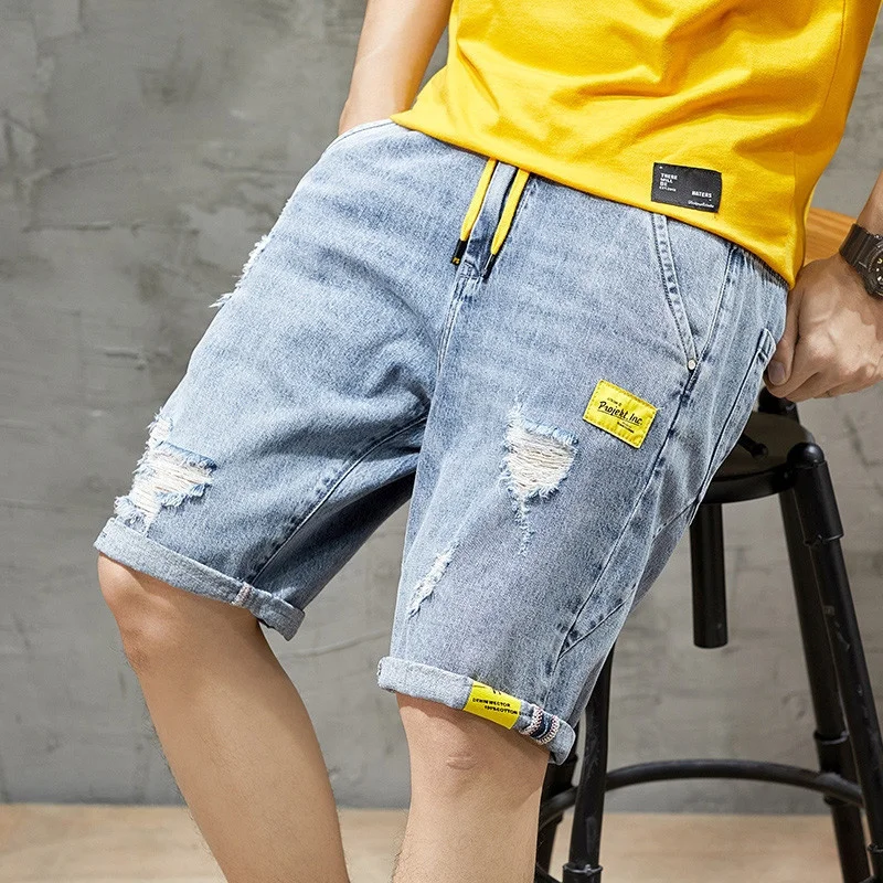 Summer Men's Grey Perforated Denim Shorts Korean Fashion Slim Elastic Five-piece Jeans Shorts Male Brand Pants 11styles