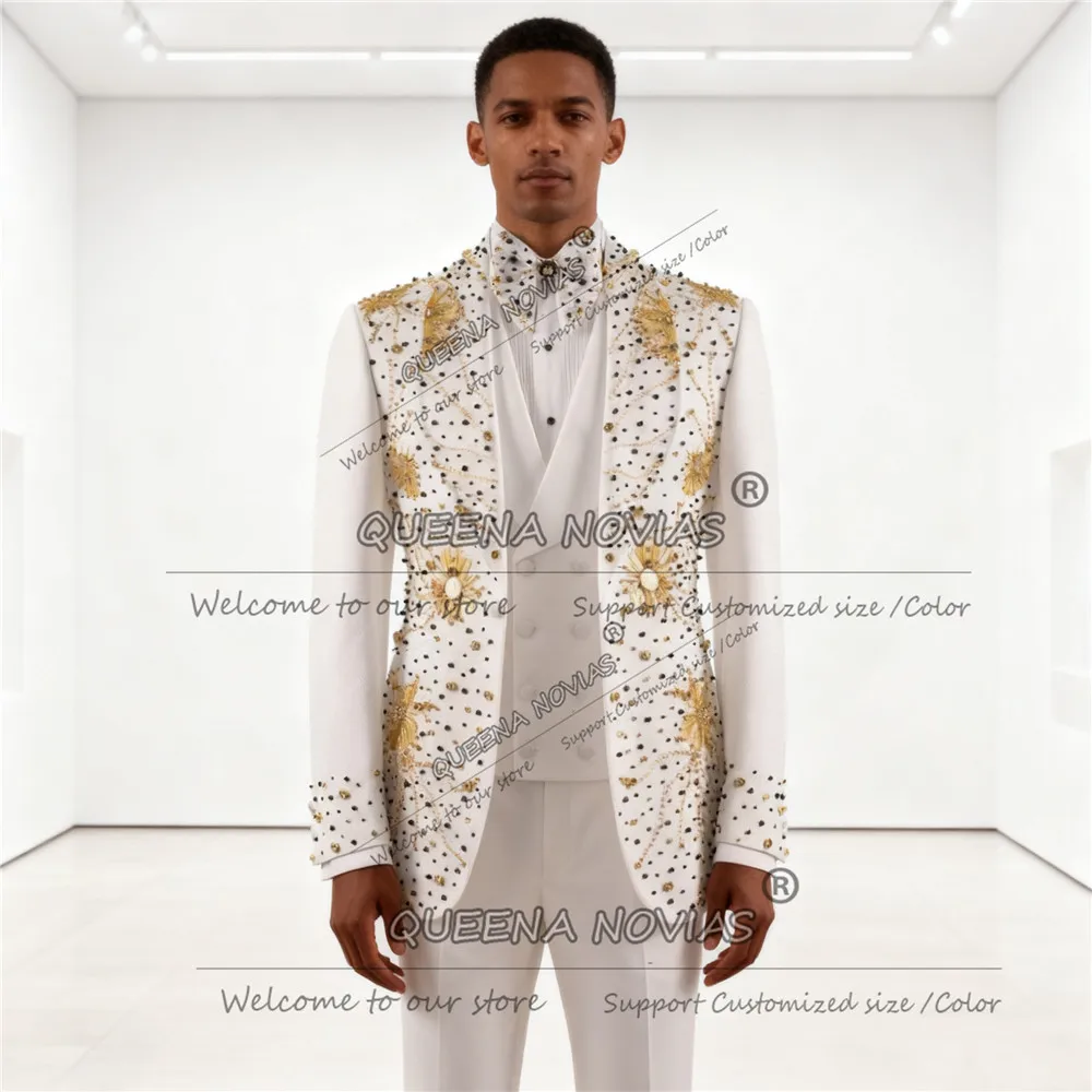 

Мужской костюм с блестящими камнями и бисером для свадьбы, пиджаки для выпускного с шалью и лацканами, индивидуальные комплекты из 3 предметов, смокинги для жениха Terno Masculinos