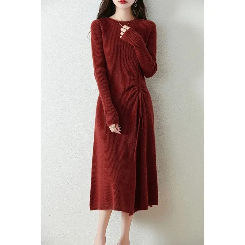 Wool Dress 2026 Autumn And Winter Women's Fashion Round Neck Knitted Wool Long Skirt Solid Color Long Drawstring A-line Skirt