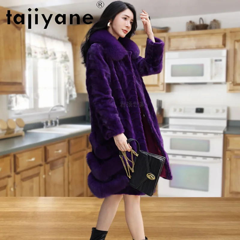 سترة من فرو المنك الطبيعي 100% من TAJIYANE معطف نسائي طويل أرجواني طويل من فرو المنك الحقيقي مع ياقة من فرو الثعلب ملابس شتوية للنساء 2025 #1