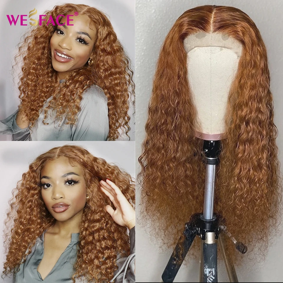 

Honey Blonde Deep Wave Transparent 4x4 Lace Closure Frontal Wigs For Women Brown Brazilian Remy Preplucked #27 Color Curly Wigs