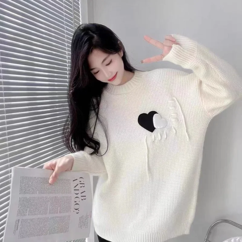 Fashion Pullover Love Autumn and Winter Women Loose Hand sewn Sweaters Foreign O Neck Casual Women Knitwear Sweater Female Top