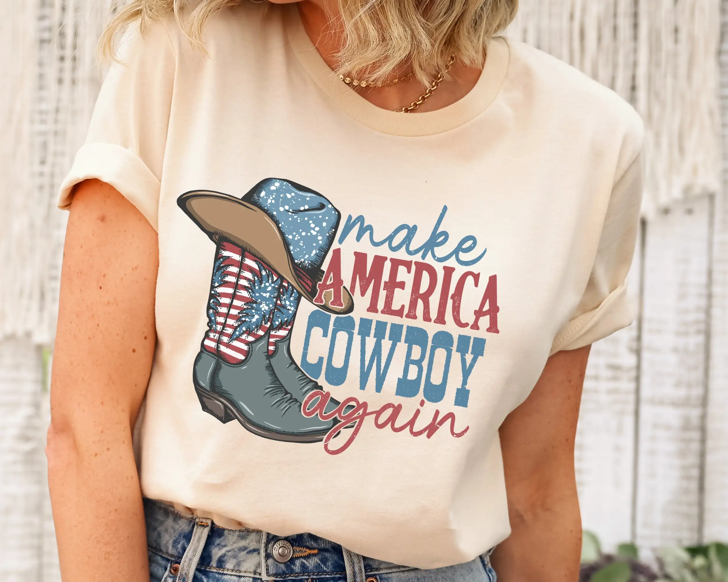 

Make America Cowboy Again Western T Shirt Boots Retro Cowgirl Howdy 4Th Of July S