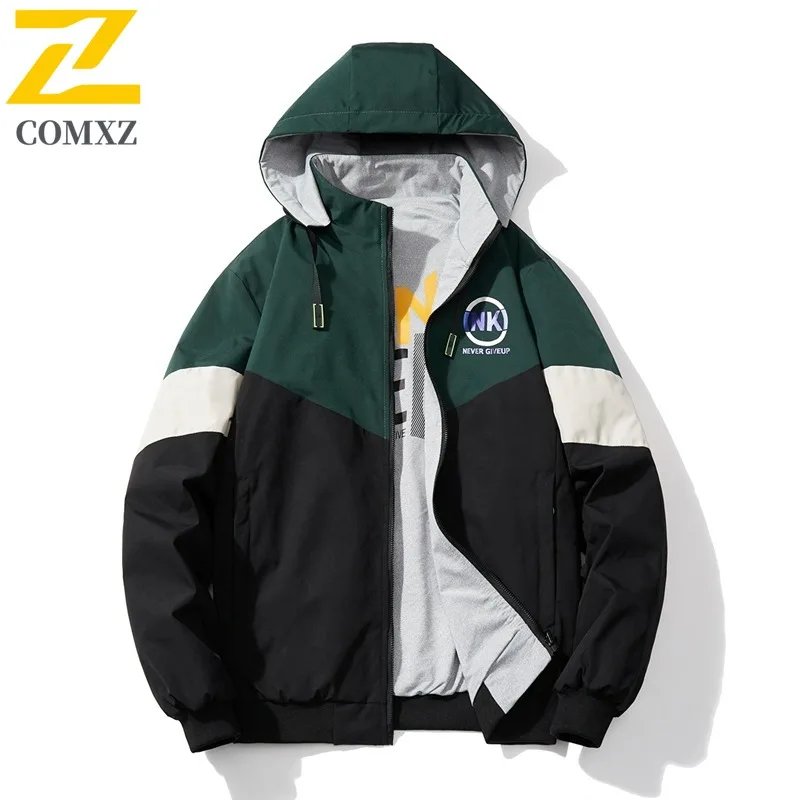 COMXZ 2025 في الهواء الطلق كتلة اللون زوجين مقنعين سترة العمل مقاوم للماء الرياضة عادية كم طويل سترة واقية للجنسين معطف مقاوم للماء