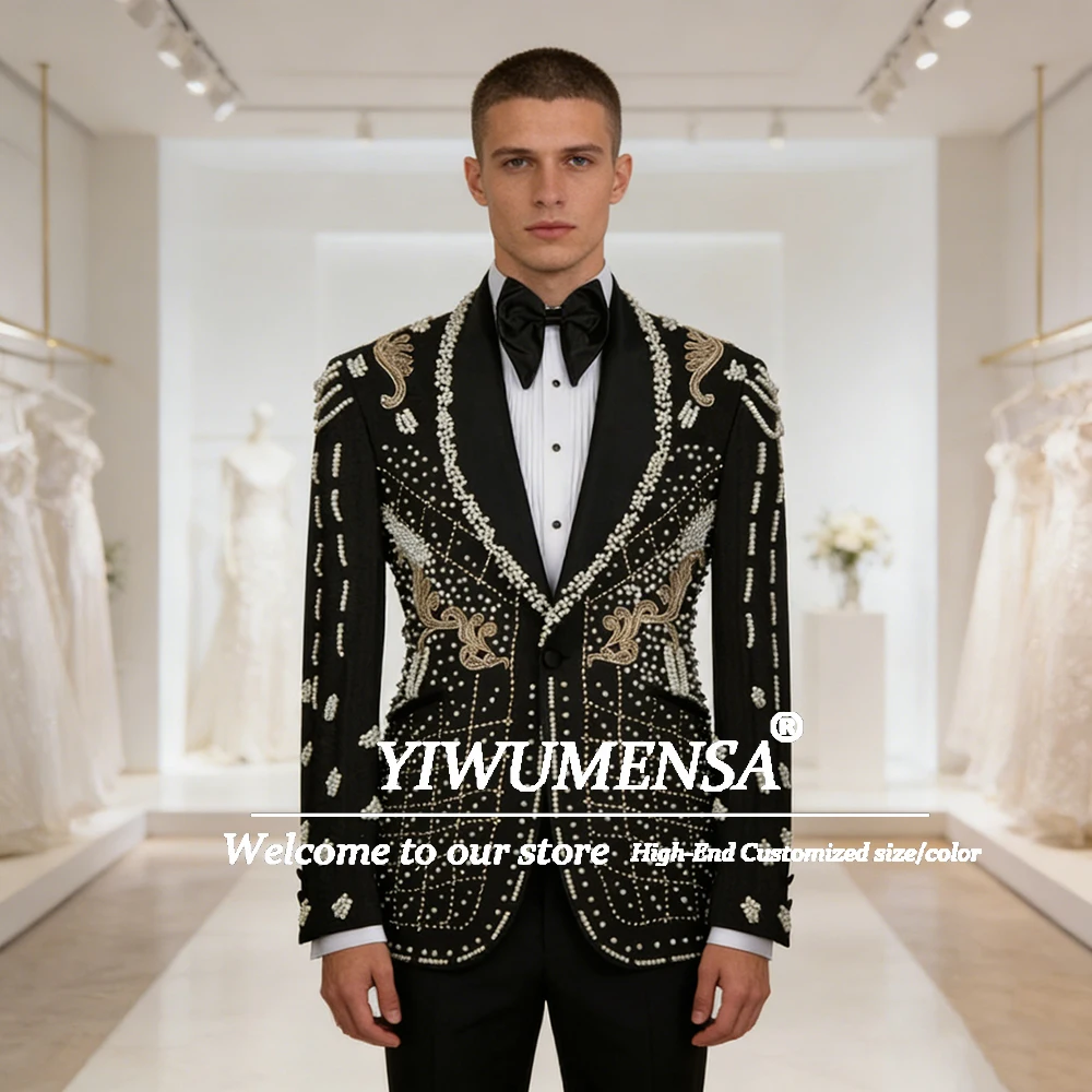 

Rhinestones Beaded Suit Men Shawl Lapel Groom Blazer Outftis Customized 3 Piece Set Man Banque Weding Tuxedos Terno Masculinos