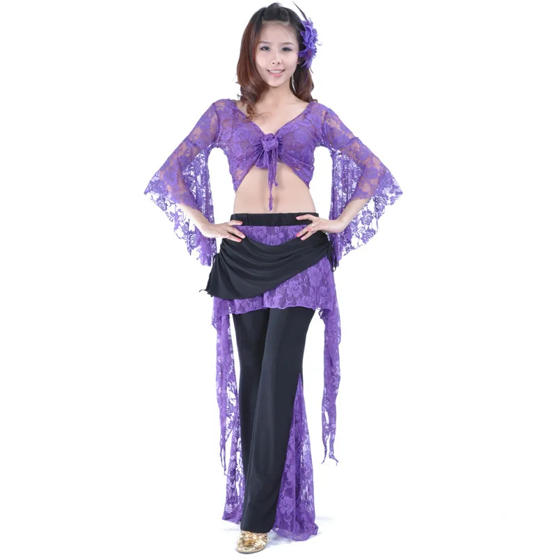 1ชิ้น/ล็อต Belly Dance Tops ผู้หญิงเซ็กซี่ลูกไม้ลึก V คอนุ่มผ้า Flare Sleeve Top