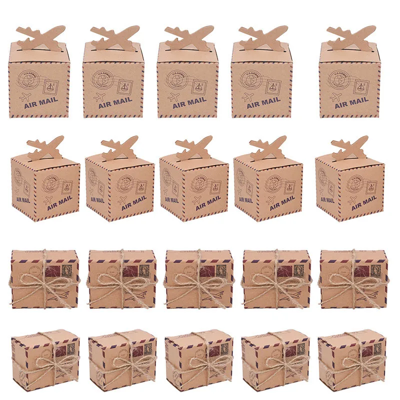 10Pcs Party Favor Candy Box, Vintage Mini Suitcase Favor Box, Kraft Paper With Tags And Burlap Twine For Travel Themed Party