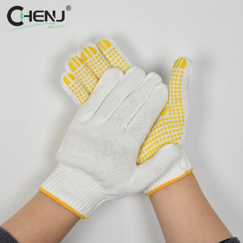 1Pairs Yarn Adhesive Gloves Cotton Polyester String Knit Shell Safety Protection Work Gloves For Mechanic Industrial Warehouse