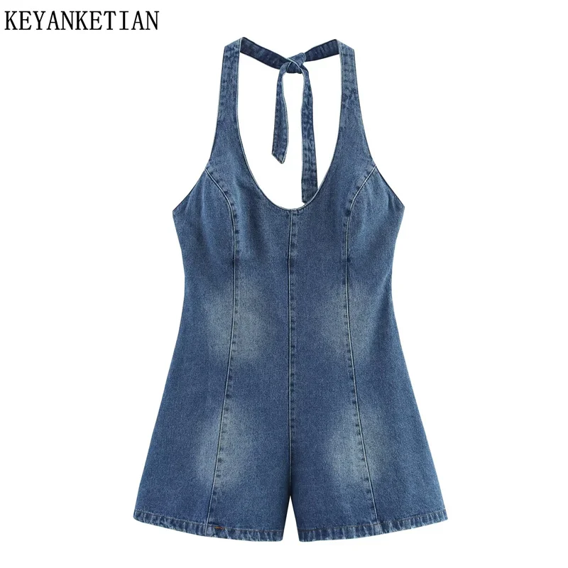 KEYANKETIAN 2025 Summer New Women's Halter Denim jumpsuits Leisure style Side Zipper Backless Fashion Jeans Slim Hot Shorts