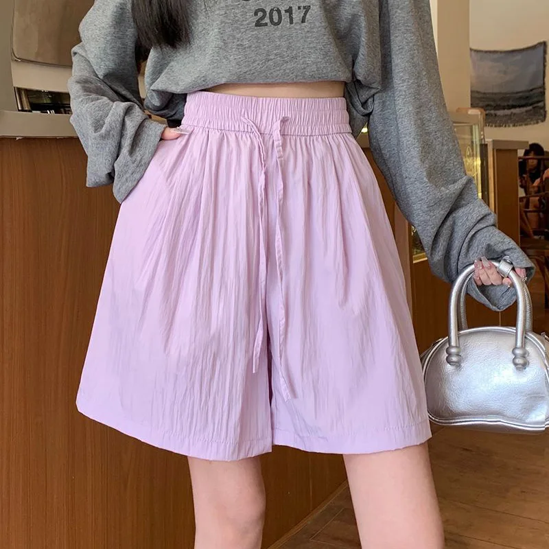 Nuove donne di seta del ghiaccio vacanza al mare pantaloni corti Lady comodi pantaloncini larghi a vita alta pantaloni larghi con coulisse solidi femminili