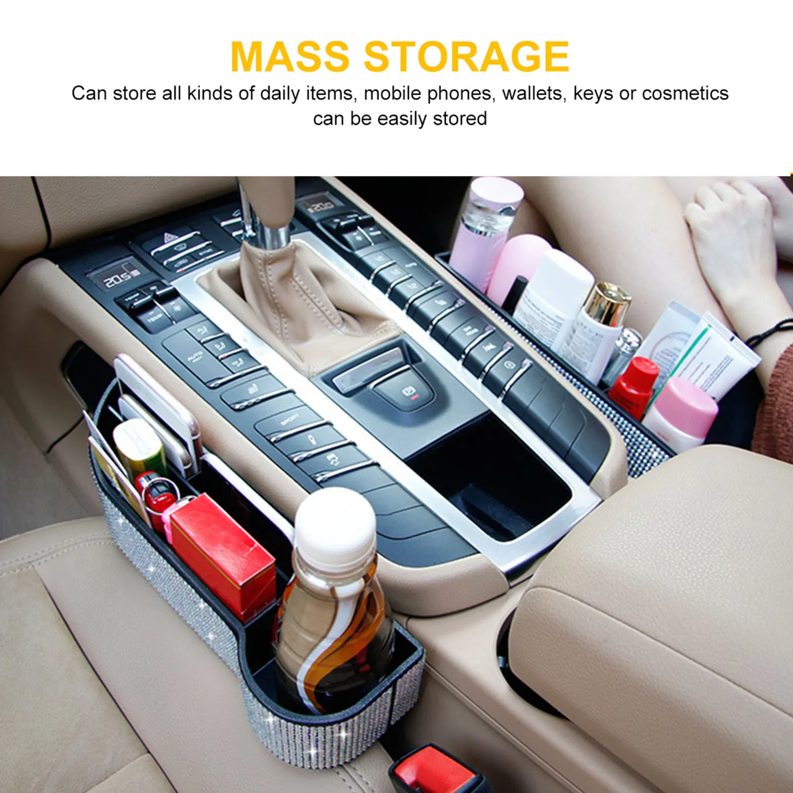Car Seat Gap Organizer Rhinestone Studded Storage Case Microfiber ABS Durable Practical Driver Side Car Seat Gap Filler