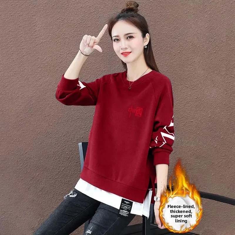 Thiened Fce Sweatshirt Feminino Casual Solto Emenda Falso Casacos de Duas Peças Quente Longo Sve Top para Outono Inverno
