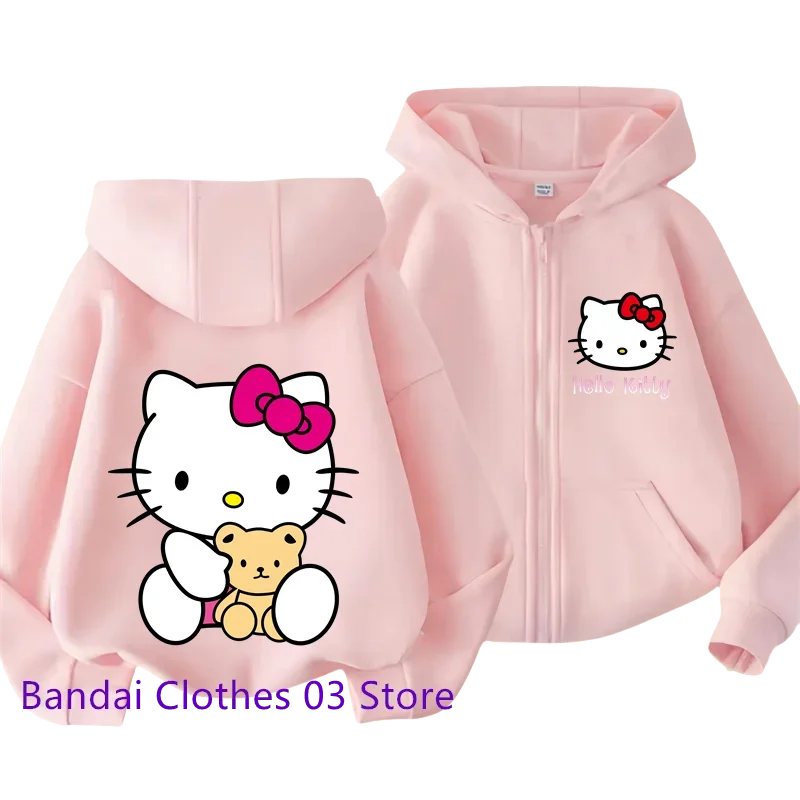 Cute Hello Kitty New Pin Zipper Hoodie Girls Sweatshirt Autumn/Winter Long Sleeve Jacket Harajuku Jumper Pin Casual Hoodie Top