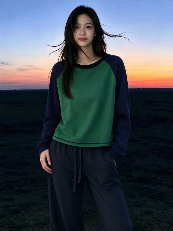 Green Shoulder-Length Loose Short-Sleeved T-Shirt Women's Early Autumn Cold Spot Non-Repeating Single Wear Korean Style Elega...