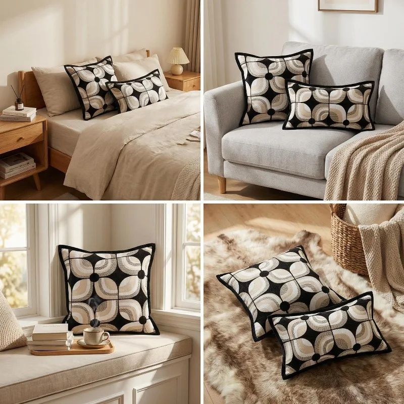 

Premium Black Geometric Jacquard Cushion Case Modern Luxury Vintage Decorative Pillow Cover for Sofa Chair Bedding Home Decor