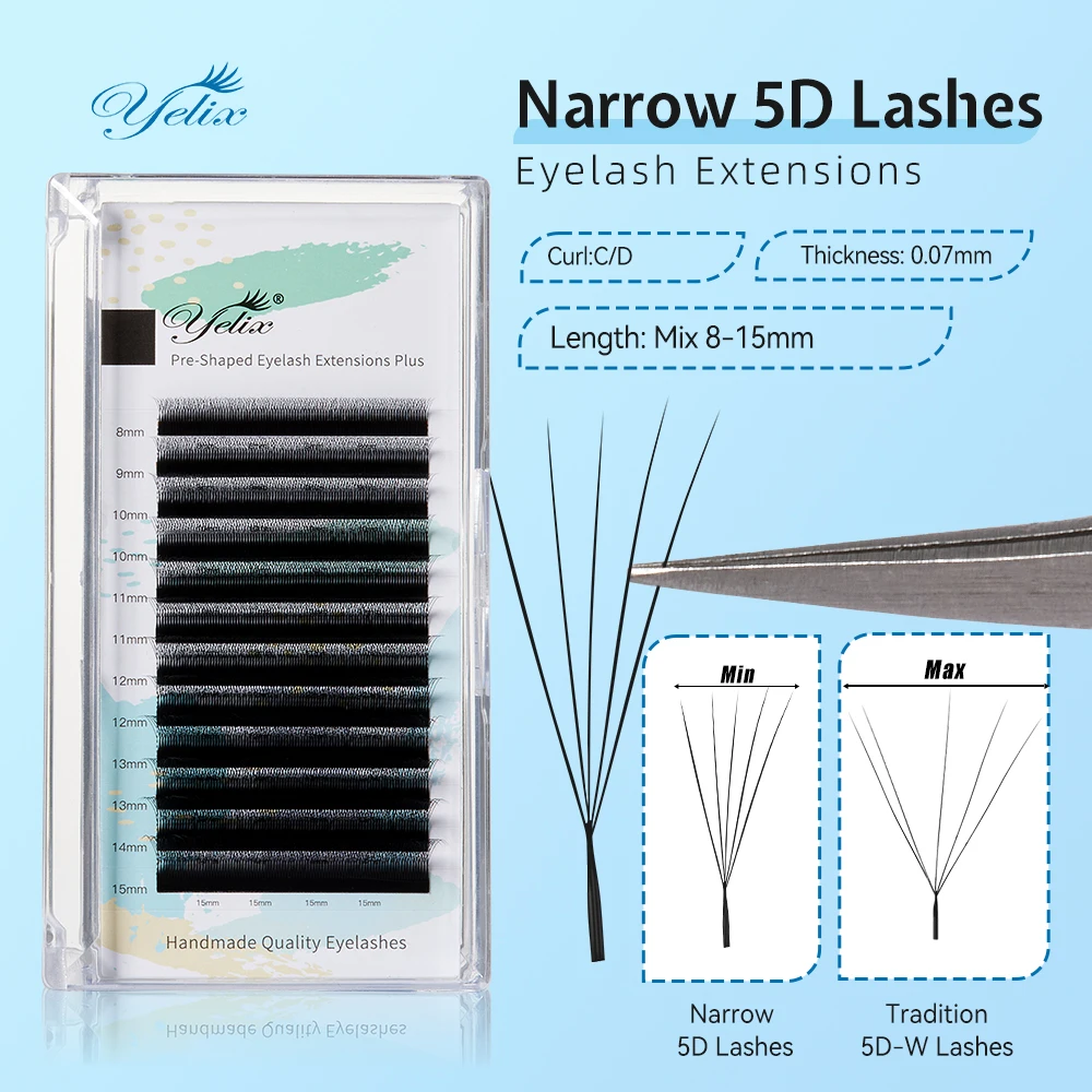 Yelix Narrow 5D W Vorgefertigte Volumen-Wimpernverlängerungen mit kleinerem Abstand, dicht, symmetrisch, weich, flauschig, natürlicher Stil, Pros Lash