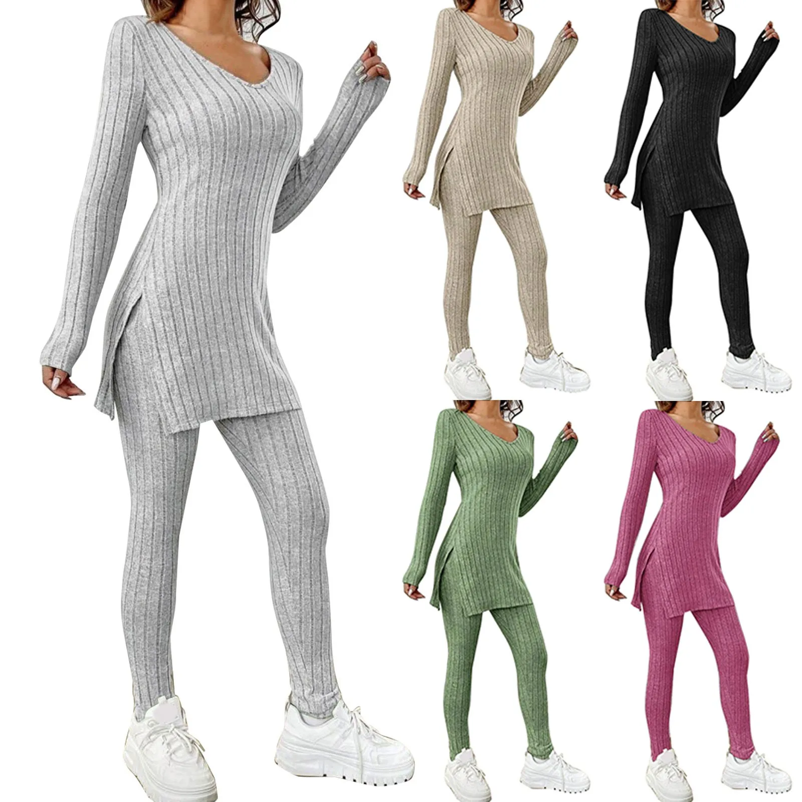 

Spring Fashion Knit Suits 2024 Casual Loose Pullover+Elastic Long Pants Print Knitted Solid Color Two Pieces Sets Clothing