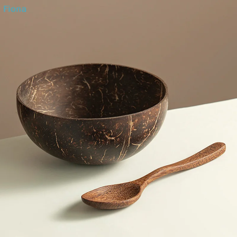 ⛟Handcrafted Coconut Bowl Set, Reusable Wooden Spoon & Coconut Shell Bowl for Daily Use