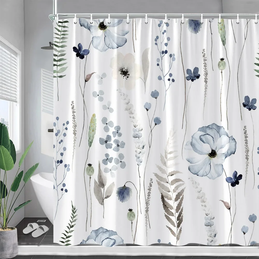 Rustic Floral Shower Curtains Watercolour Flowers Plants Leaves Modern Minimalist Spring Bathroom Decor Fabric Bath Curtain Sets