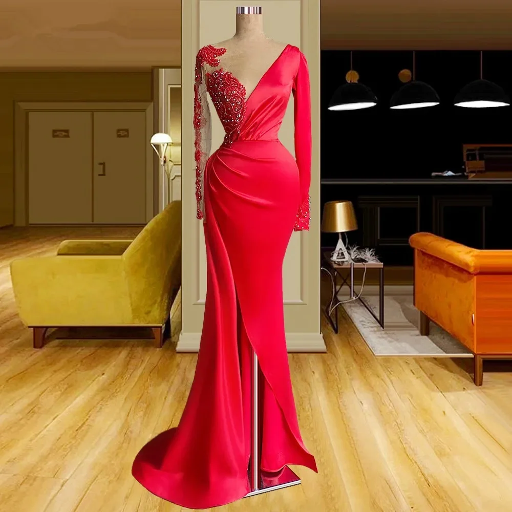 Red V-Neck Formal Dress Asymmetric Long Sleeves Beads Lace Satin Front Split Pleats Evening Dress Reception Dress Robe de soirée