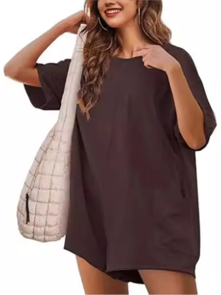Casual losse effen jumpsuit dame mode O hals korte mouw shorts zakken jumpsuits voor vrouwen zomer streetwear kleding nieuw