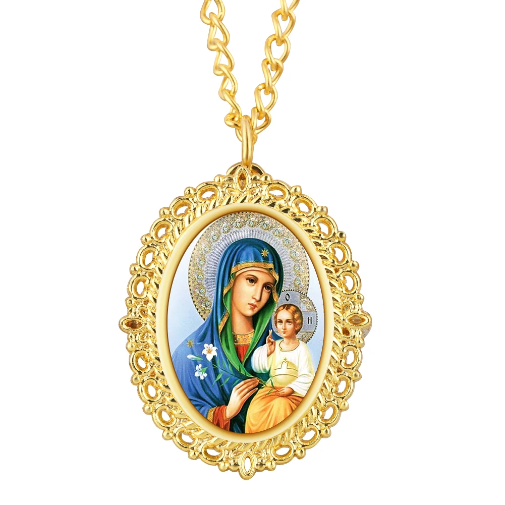 Ouro oval relógio de bolso pingente relógio de quartzo feminino relógios virgin mary jesus padrão masculino vintage colar presentes