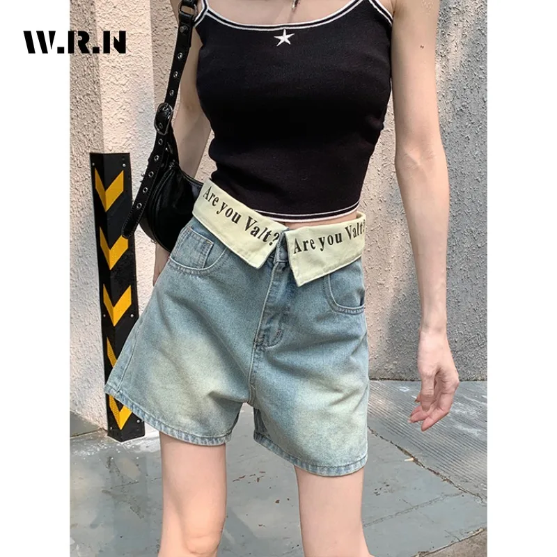

Vintage Punk Harajuku Y2K Letter Print Shorts High Waist Street Style Baggy Jean Women Casual Loose Blue Washed Denim Shorts